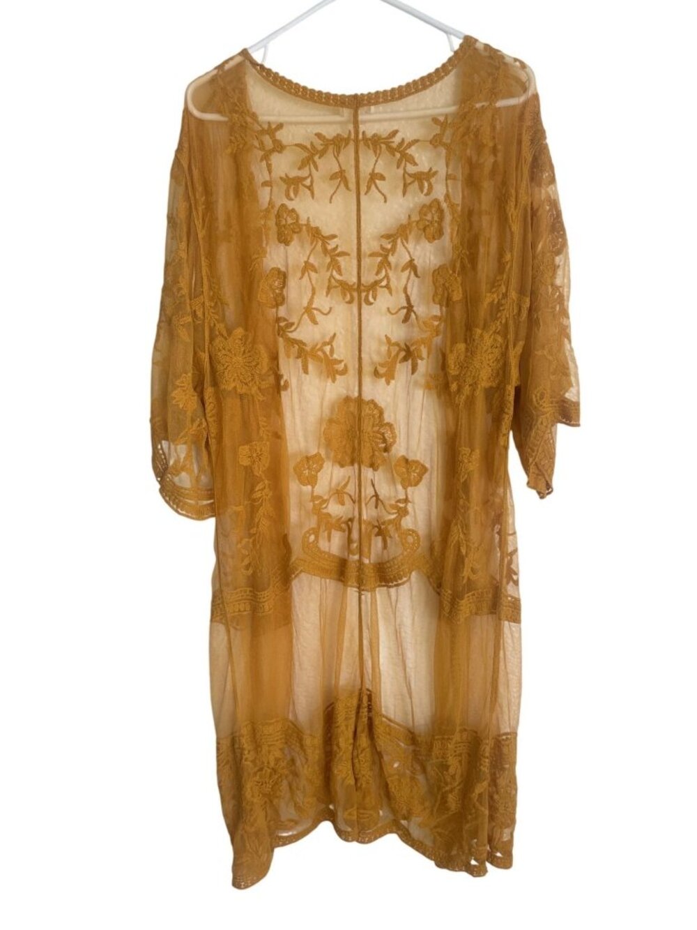 Dizzy Gal Mustard Yellow Floral Embroidered Lace Mesh Kimono Size Medium - Picture 2 of 3